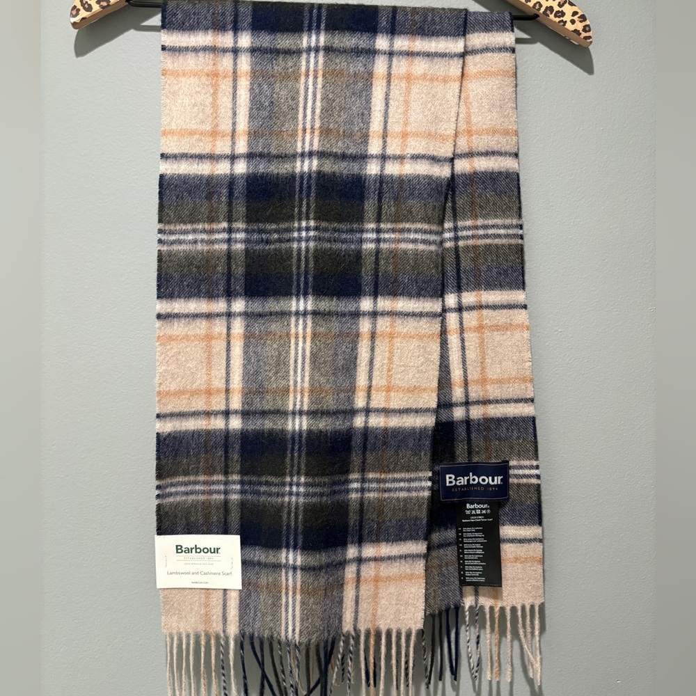 BARBOUR | Tartan Plain Lambswool Cashmere Fringe Scarf NWT